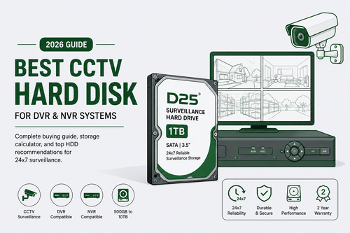 Best CCTV Hard Disk for DVR and NVR Systems – D25 Surveillance HDD Storage Guide with CCTV Camera, DVR Recorder, and 24x7 Security Monitoring Illustration