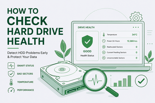 How to check hard drive health with SMART status, bad sector monitoring, temperature checks, and HDD performance diagnostics. Professional vector illustration featuring hard drive health monitoring dashboard and storage reliability indicators.