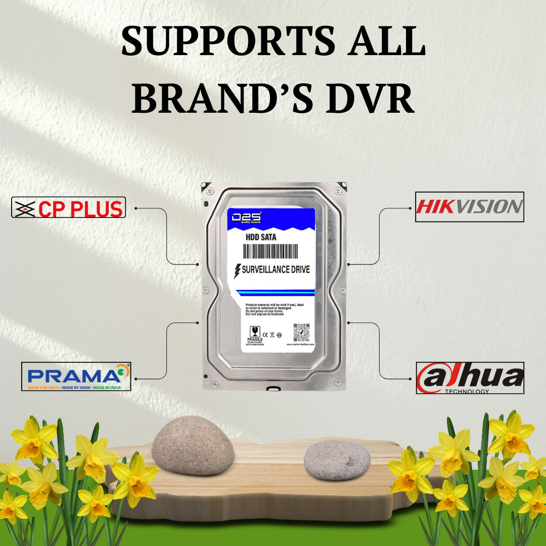 Hard drive with logos of CP Plus, Hikvision, Prama, and Dahua on a decorative background with flowers and stones.