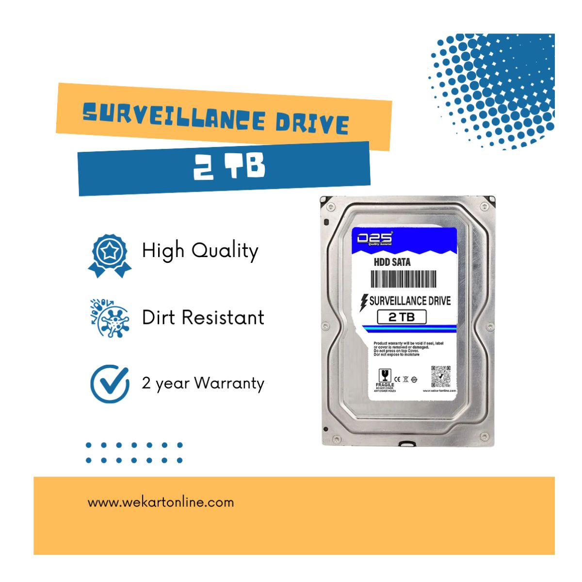 2TB surveillance hard drive with quality and warranty information on a white background