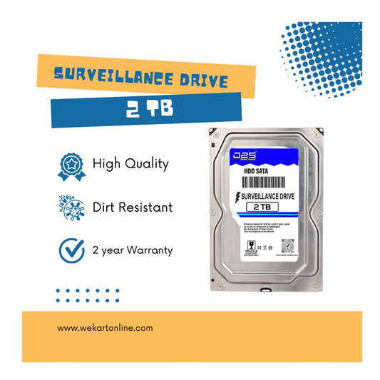 2TB surveillance hard drive with quality and warranty information on a white background