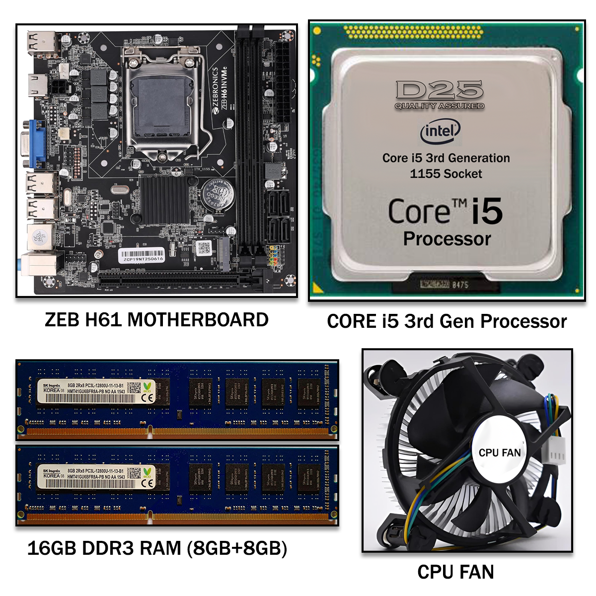 D25 H61 Motherboard with pre-installed Intel i5 3rd Gen processor and 16GB DDR3 RAM – front view