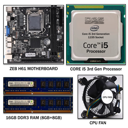 D25 H61 Motherboard with pre-installed Intel i5 3rd Gen processor and 16GB DDR3 RAM – front view