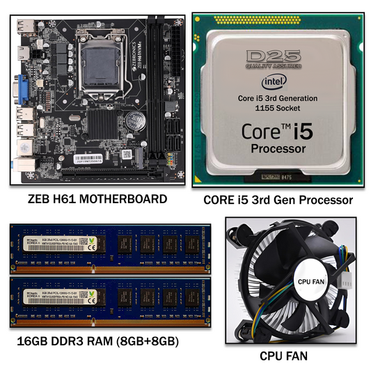 D25 H61 Motherboard with pre-installed Intel i5 3rd Gen processor and 16GB DDR3 RAM – front view