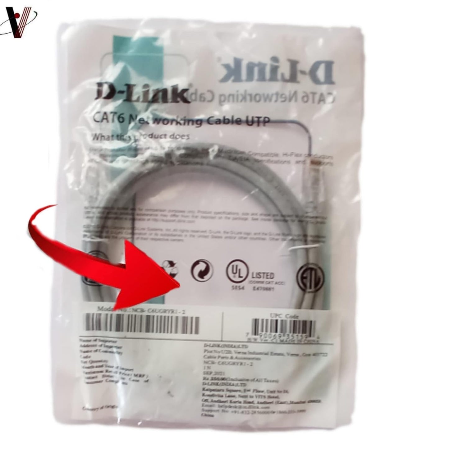 D-Link CAT6 networking cable in packaging with a red arrow pointing to the back label.