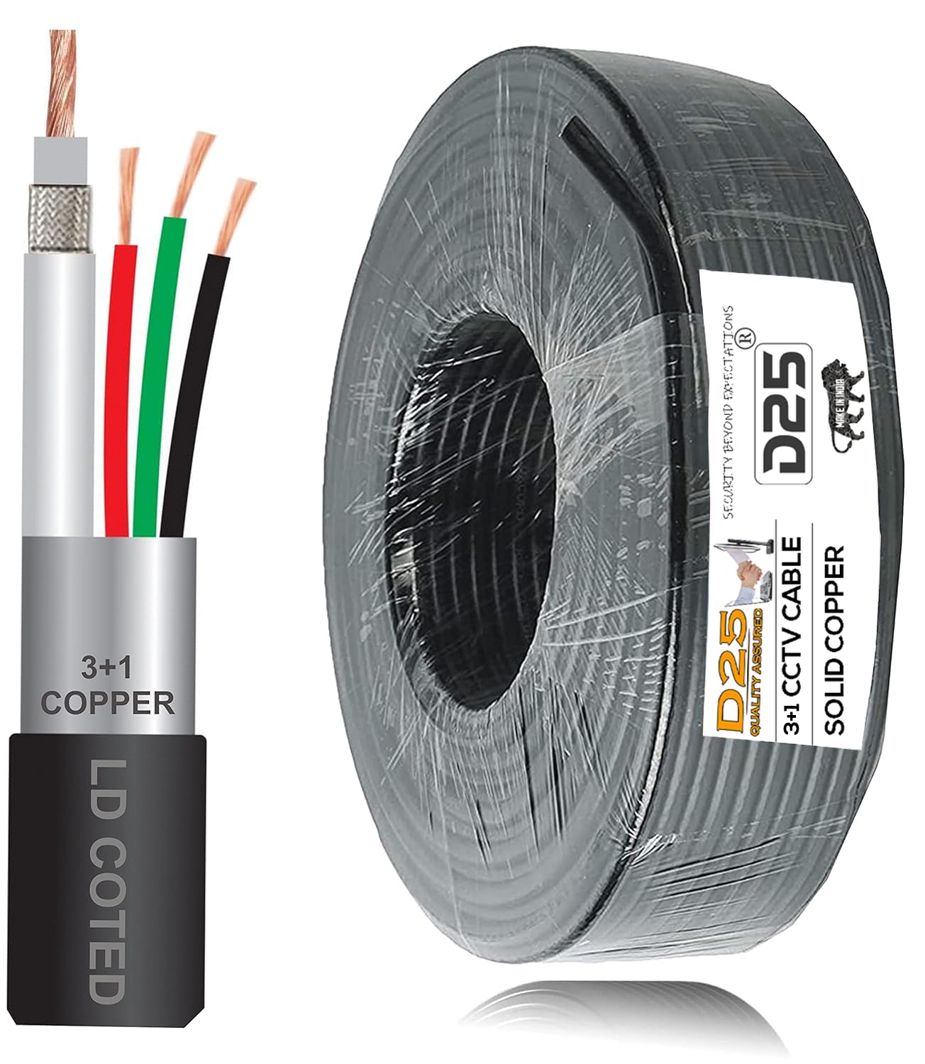 D25 Pure Copper 3+1 CCTV Coaxial Cable with BNC Video and Power Connector – Black