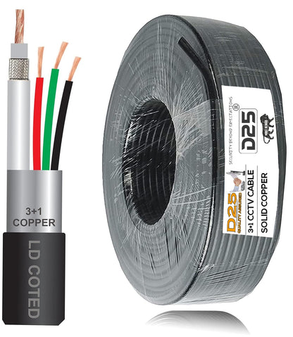 D25 Pure Copper 3+1 CCTV Coaxial Cable with BNC Video and Power Connector – Black