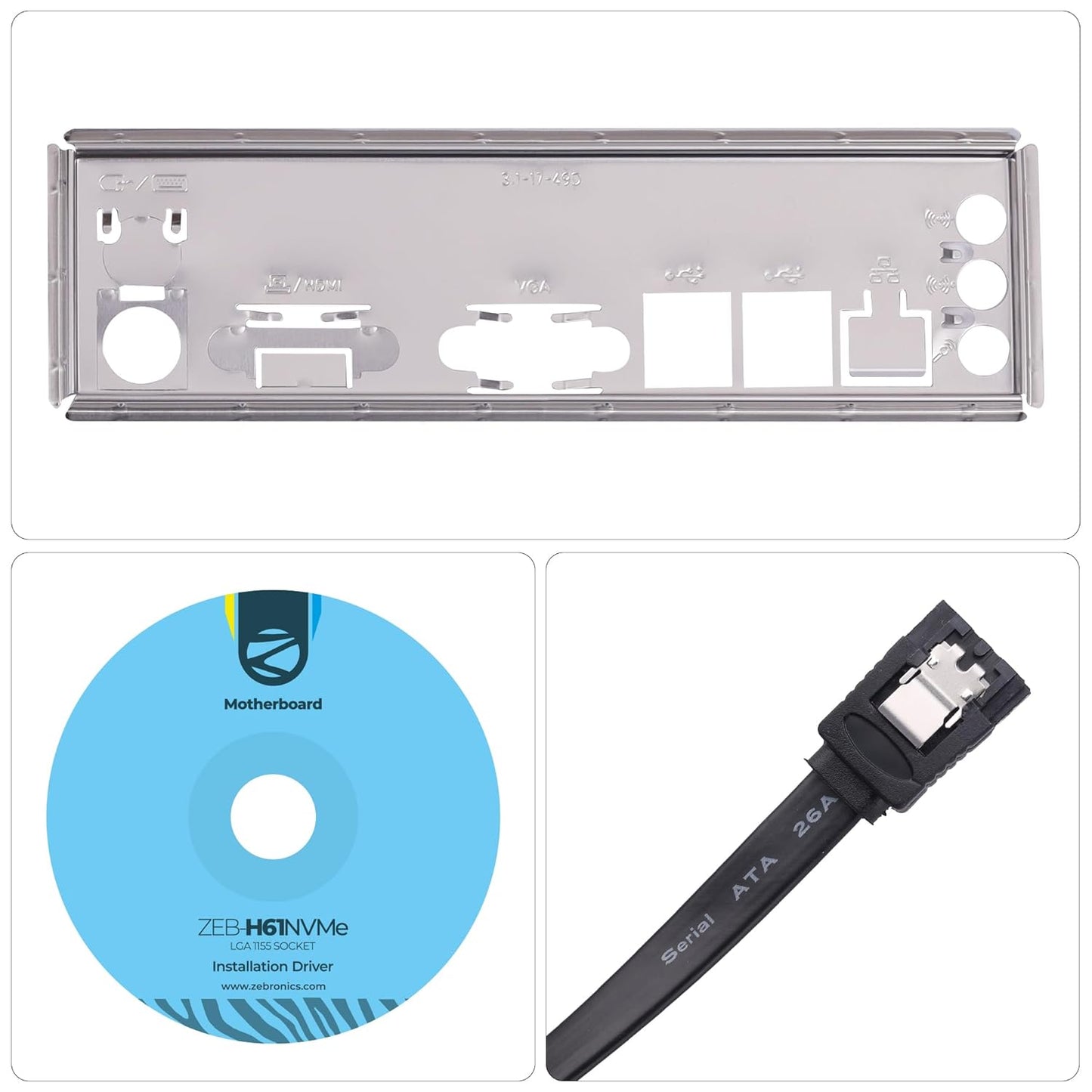 Computer hardware components including a motherboard bracket, installation driver CD, and SATA cable on a white background.