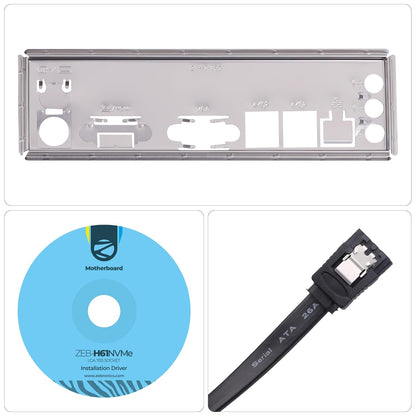 Computer hardware components including a motherboard bracket, installation driver CD, and SATA cable on a white background.