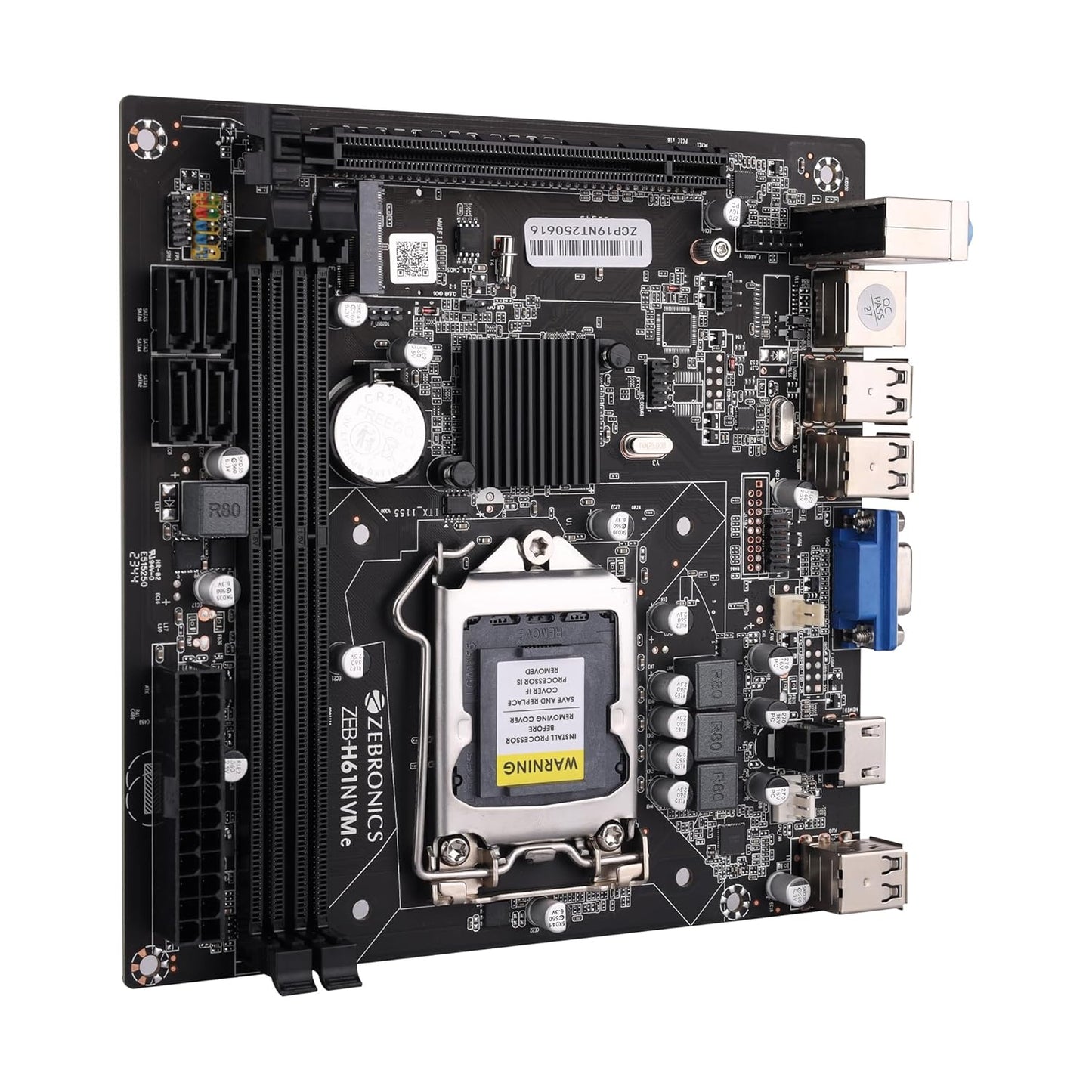 Computer motherboard with CPU socket on a white background