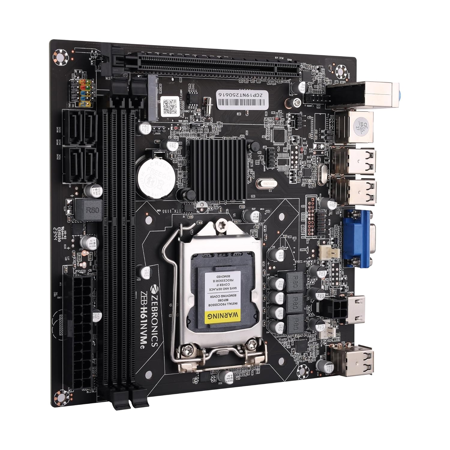 Computer motherboard with CPU socket on a white background