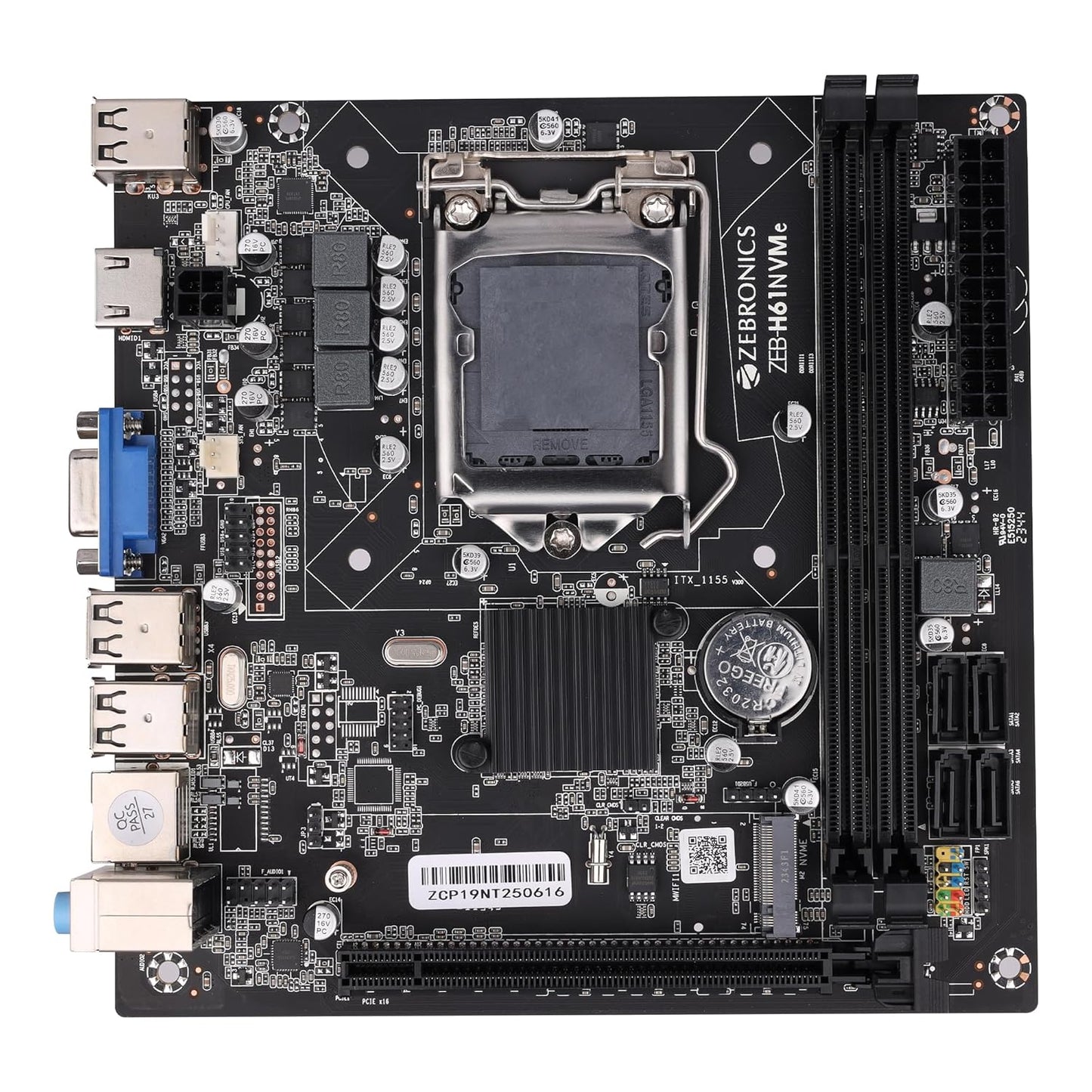 Computer motherboard with Zebronics branding on a white background