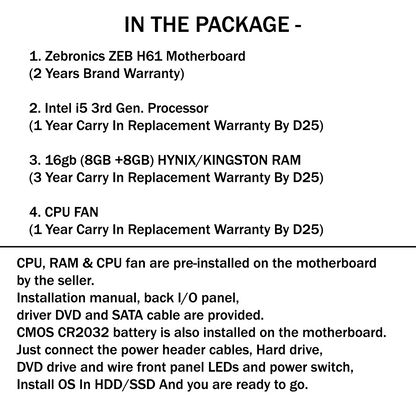 List of items included in a Zebronics ZEB H61 Motherboard package with warranty information.