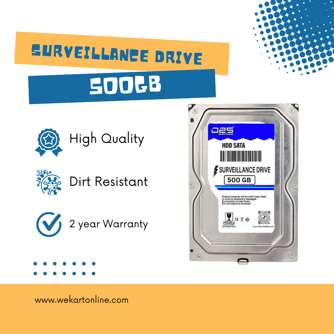 500GB surveillance hard drive with features and brand name on a colorful background