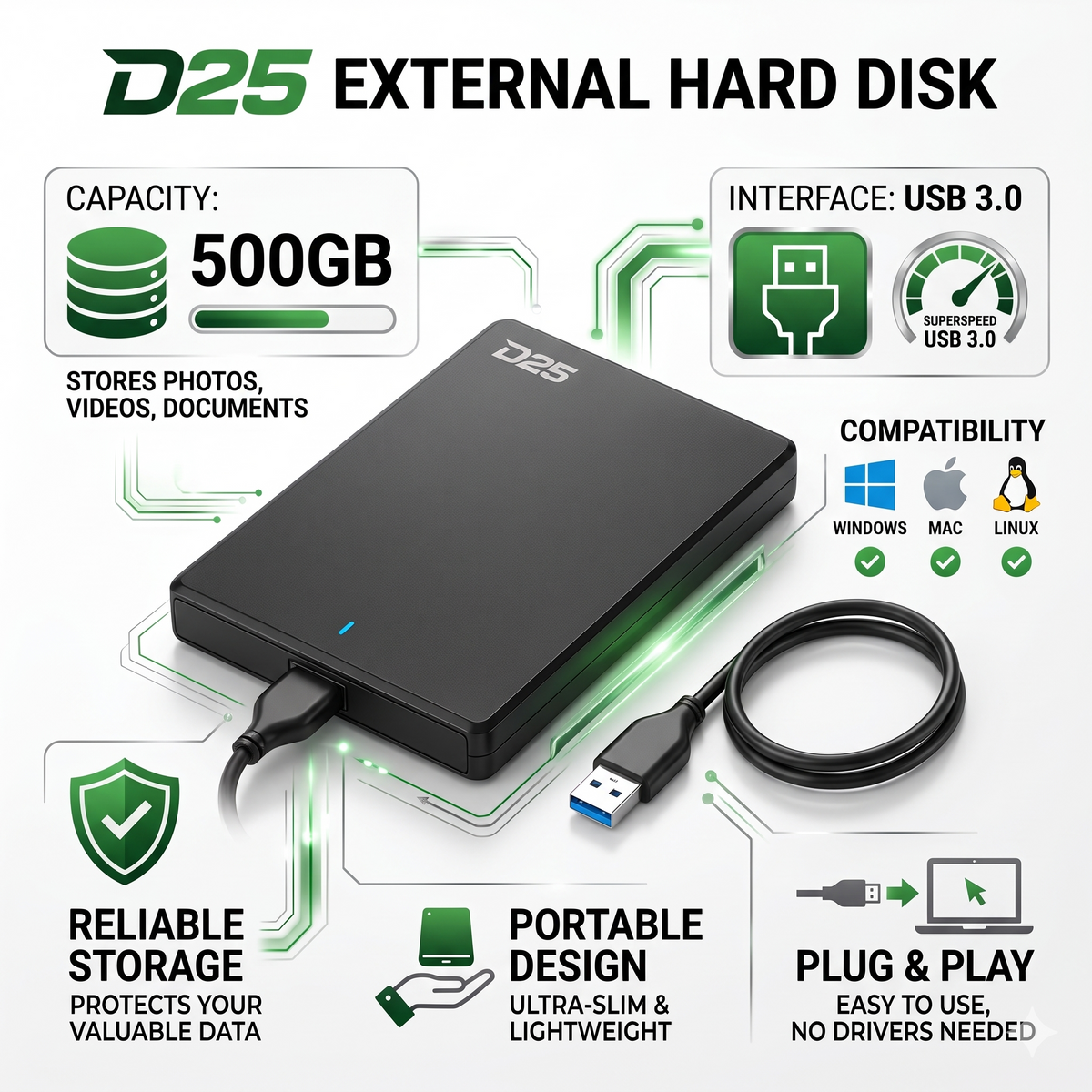 USB 3.0 D25 500GB Portable Hard Drive
