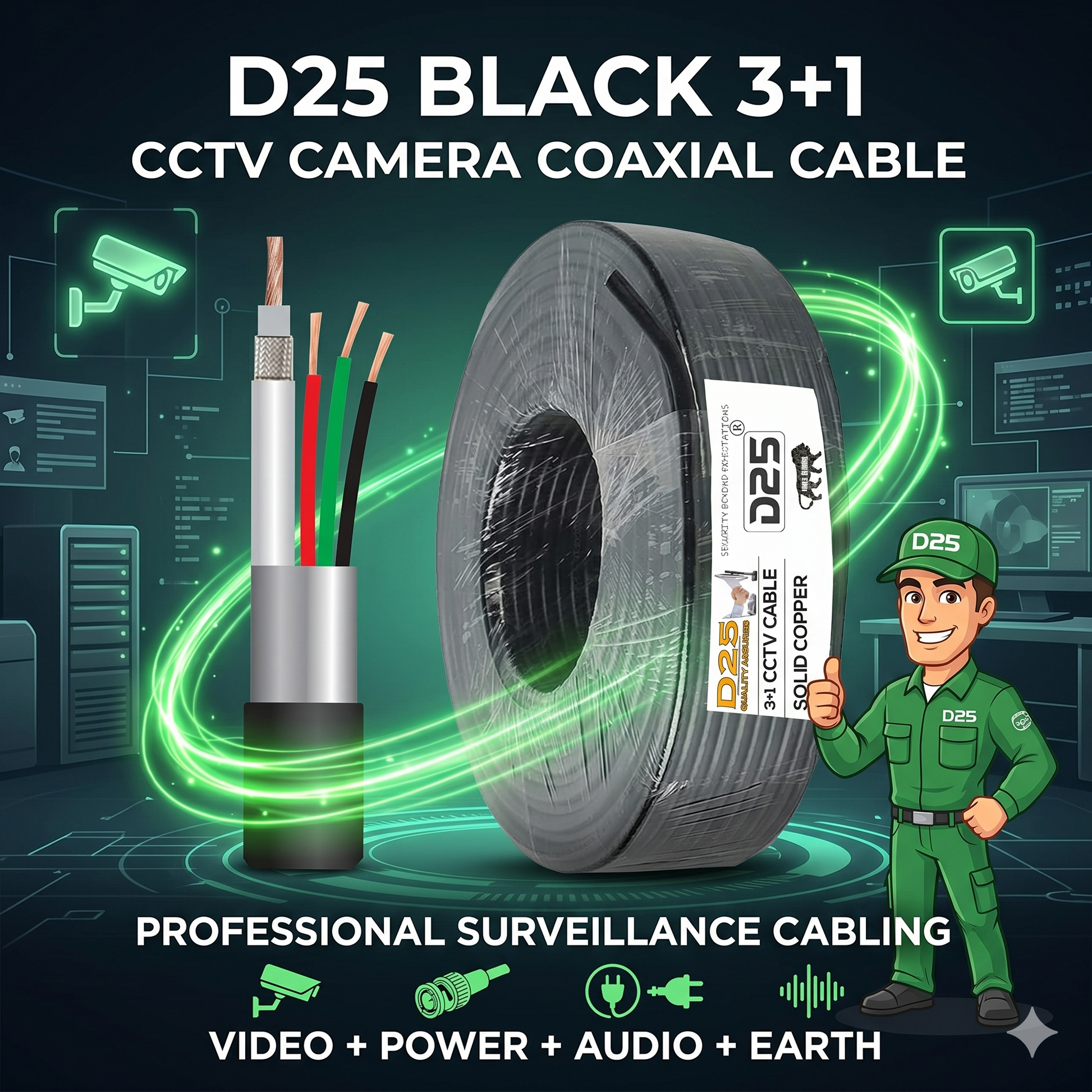 D25 Brand 3+1 CCTV Camera Cable Packaging Label 90 Metre Genuine Product WeKart Online Store India