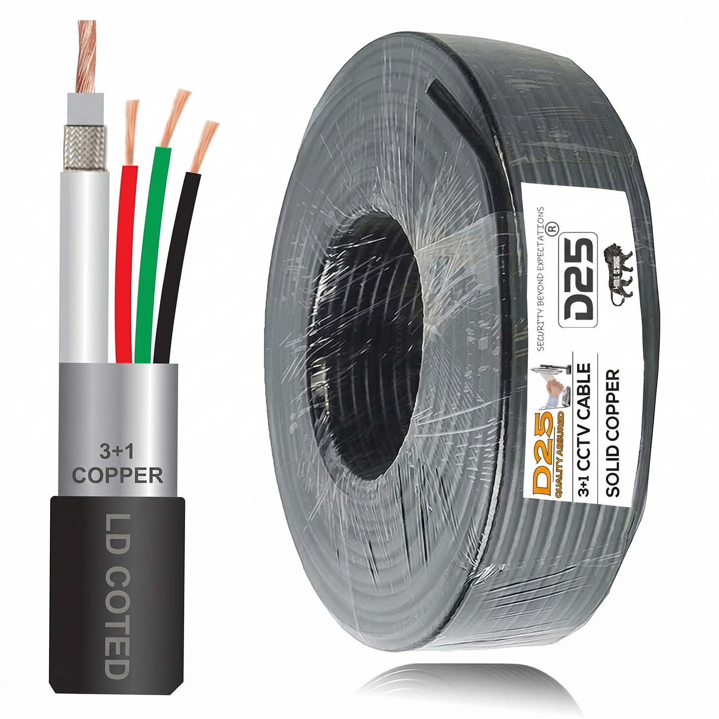 D25 Pure Copper 90 Metre 3+1 CCTV Coaxial Cable Black RG59 BNC for Security Camera DVR