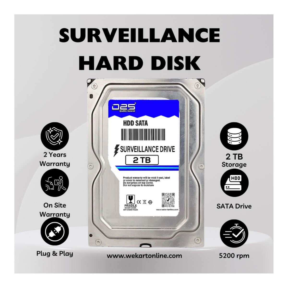 Surveillance hard disk with specifications on a gray background
