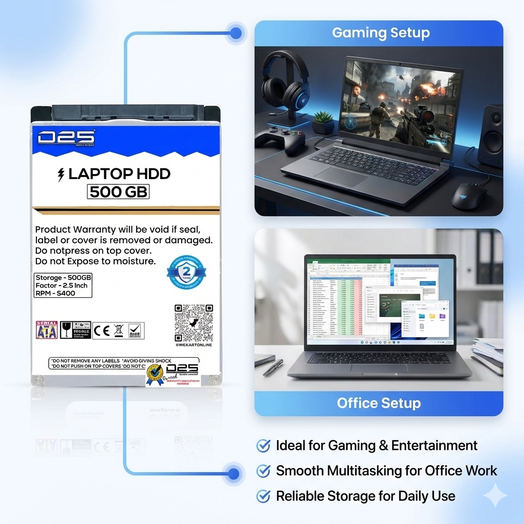 D25 500GB Laptop Hard Drive 2.5inch, HDD SATA 6 Gb/s, ‎5400 RPM, High Speed Data Transferability with 2 Years Warranty