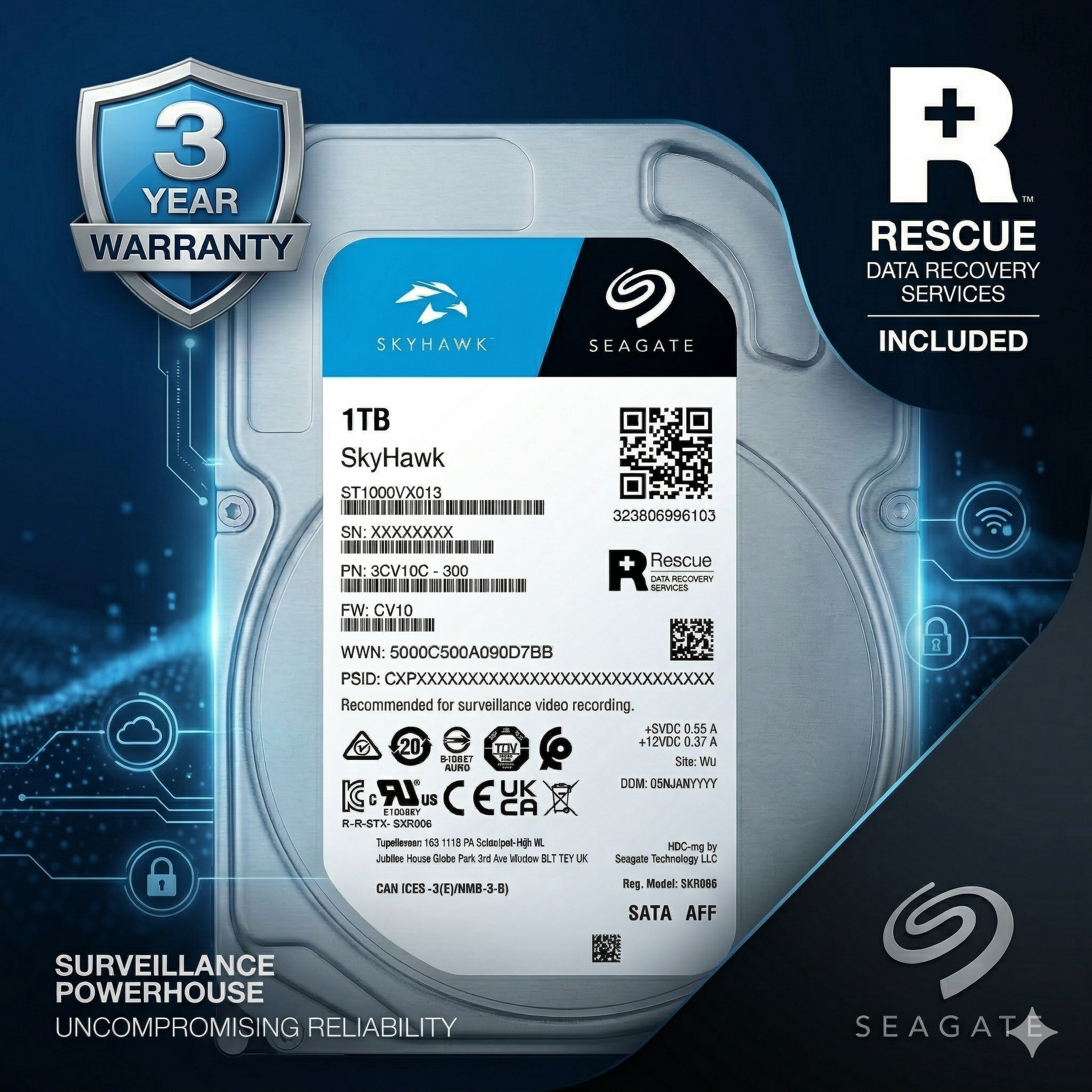 Seagate SkyHawk 1TB 3.5 Inch SATA Hard Drive for DVR NVR
